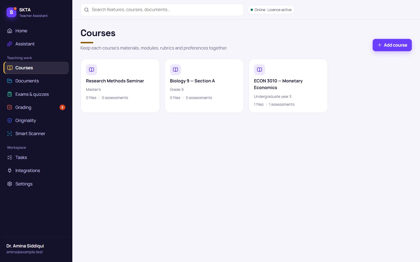 Courses list with university and school classes