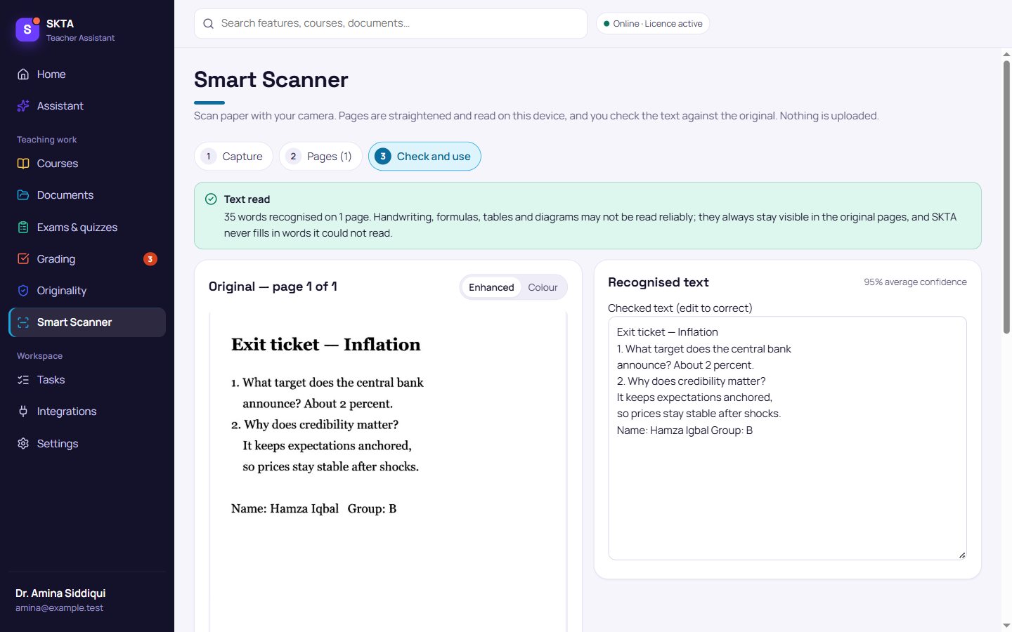 Smart Scanner: a photographed exit ticket, straightened, with the recognised text next to it for checking